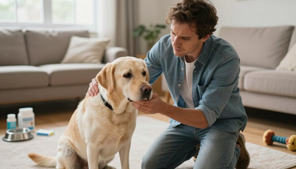 A concerned pet owner kneels beside a dog in a home setting, showcasing a moment of urgency. The foreground features the pet owner, dressed in casual yet professional attire, with a focused expression, gently holding the dog's muzzle to ensure careful administration of hydrogen peroxide. The dog, a medium-sized Labrador Retriever, appears slightly uneasy but calm, creating an atmosphere of tension balanced by care. In the middle ground, the living room is warmly lit, with soft, natural light filtering through a window, enhancing the sense of urgency while maintaining a safe environment. The background includes a few pet supplies scattered around, like a bowl of water and a dog toy, suggesting a familiar domestic space. The overall mood is serious yet compassionate, reflecting the importance of the situation.