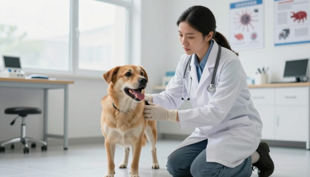 A concerned veterinarian examining a dog showing symptoms of rabies in a well-lit clinic. In the foreground, the dog appears restless, with prominent signs like drooling and aggressive posture. The middle section features the veterinarian, dressed in a white lab coat and protective gloves, kneeling beside the dog, attentively observing its behavior. In the background, medical equipment and educational posters about rabies are visible, enhancing the clinical atmosphere. Soft, natural lighting filters in through large windows, creating a serious yet hopeful mood, emphasizing the importance of recognizing rabies symptoms in dogs. The image should convey urgency and care, focusing on the interaction between the vet and the dog.