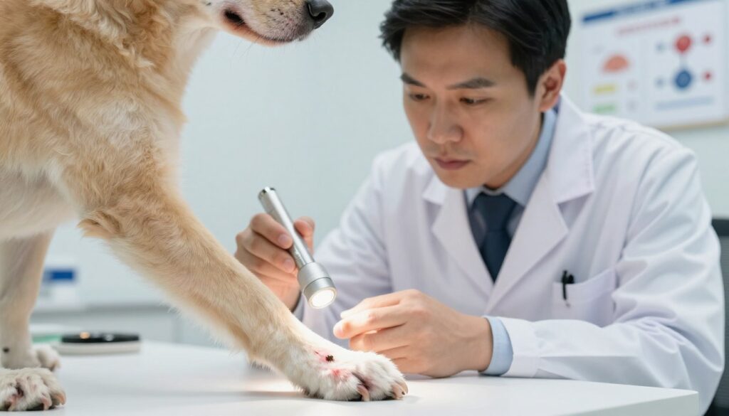 A concerned veterinarian inspecting a dog's skin for tick-related symptoms in a well-lit examination room. The foreground features the dog's paw with an embedded tick, demonstrating irritation and redness around the bite area. In the middle, the veterinarian, dressed in a professional lab coat, leans close to examine the dog's fur with a medical light, showing their focus and care. The background includes veterinary tools and charts related to tick-borne diseases, creating a clinical atmosphere. The lighting is bright yet soft, emphasizing the urgency of the situation. The overall mood is serious and attentive, highlighting the importance of recognizing symptoms that require veterinary attention.
