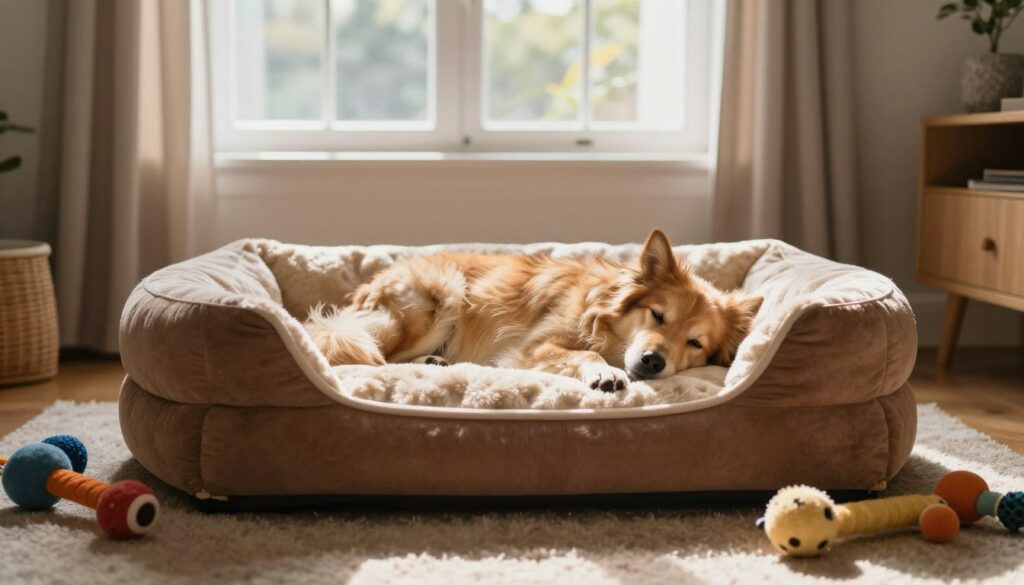 A cozy dog bed in a bright, welcoming living room. In the foreground, a plush, oval-shaped dog bed with soft cushions in warm earthy tones, surrounded by a few dog toys scattered nearby. In the middle, a fluffy dog lying peacefully, with its fur gleaming in the sunlight. The background features a sunny window with curtains slightly drawn back, allowing natural light to illuminate the space. The atmosphere is warm and inviting, emphasizing comfort and relaxation. The shot is taken from a low angle, focusing on the dog bed to create an intimate perspective. The lighting is soft and natural, conveying a serene and homely mood.