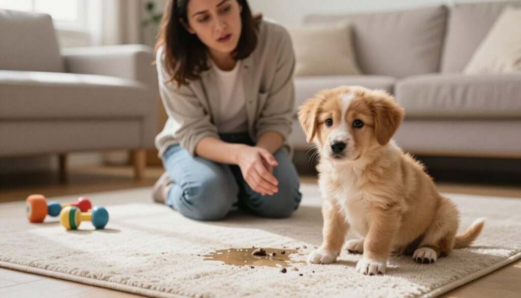 A cozy living room scene capturing a playful puppy looking guilty after a small accident on a clean, light-colored rug. In the foreground, the puppy has big, expressive eyes and fluffy fur, sitting near a puddle, with a few toys scattered around. In the middle, a concerned owner, dressed in casual, modest clothing, kneels down with a gentle, understanding expression, reaching towards the puppy to comfort it. The background features a warm, inviting environment with soft light filtering through a window, casting gentle shadows. The overall mood is one of compassion and patience, emphasizing the bond between the owner and the puppy while highlighting the challenge of training a pet.
