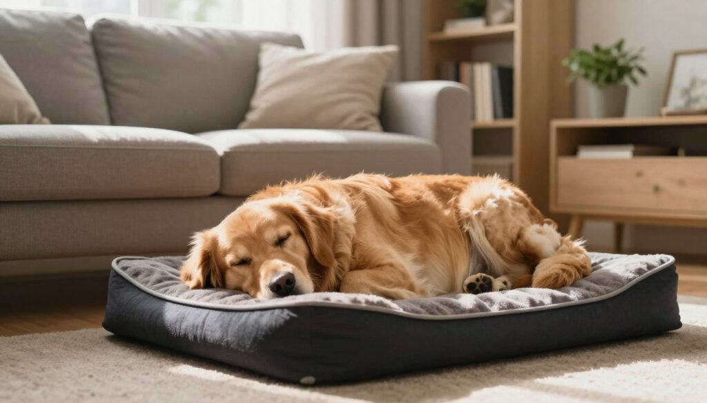 A cozy living room scene with a calm atmosphere, featuring a well-behaved dog lying peacefully on a dog bed beside a cozy couch. In the foreground, the dog, a medium-sized golden retriever, is resting with its eyes closed, symbolizing a relaxed and comfortable state. The middle of the image showcases a serene home environment with soft lighting filtering in through a window, casting gentle shadows. In the background, there's a glimpse of a tidy bookshelf and a few plants, enhancing the tranquility of the space. The overall mood is warm and inviting, embodying the theme of consistency in training. The image should be well-composed, capturing the essence of patience and the process of building new habits for pets.