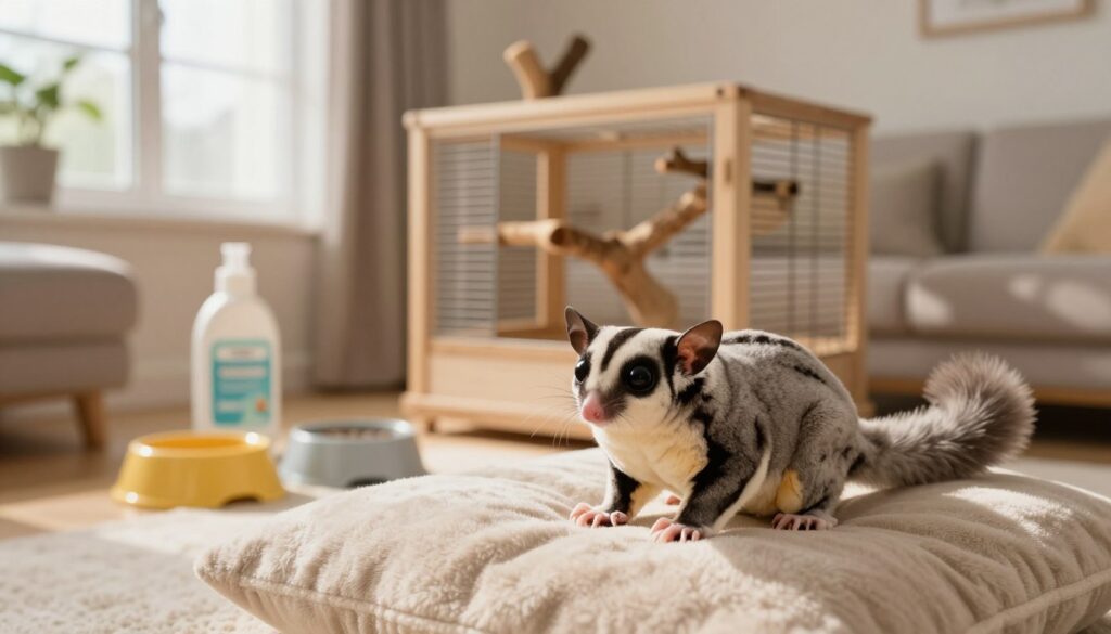 A cozy living room setting featuring a healthy, active sugar glider perched on a soft, plush cushion. The foreground captures the sugar glider with its large, expressive eyes and delicate fur, poised as if ready to leap. In the middle, a variety of care items like a spacious wooden cage, climbing branches, and feeding bowls are depicted, highlighting essential supplies for maintaining a sugar glider. The background features a window allowing soft, warm natural light to filter in, casting gentle shadows across the room. The scene is inviting and tranquil, evoking a sense of care and responsibility. The overall atmosphere is warm and welcoming, suitable for a pet-friendly home environment.