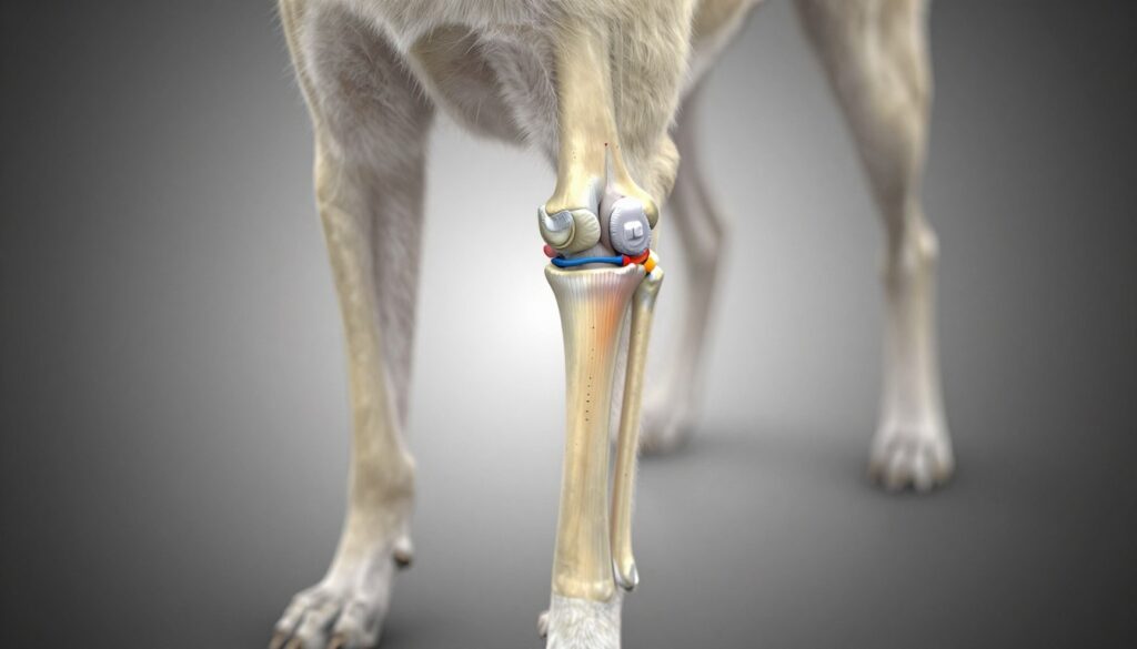 A detailed anatomical illustration of a dog's knee joint, showcasing its structure clearly. The foreground features a thoughtfully dissected canine leg with emphasis on the femur, patella, tibia, and fibula. The middle section illustrates the ligaments, cartilage, and meniscus, highlighted in distinct colors for clarity. The background includes a subtle gradient to enhance focus on the anatomy, with soft lighting to create an educational yet inviting atmosphere. The angle captures the knee from a slight side view, providing a comprehensive perspective of the joint's mechanics. This scientific illustration aims to educate viewers on the anatomy of a dog's knee in a professional and engaging way.