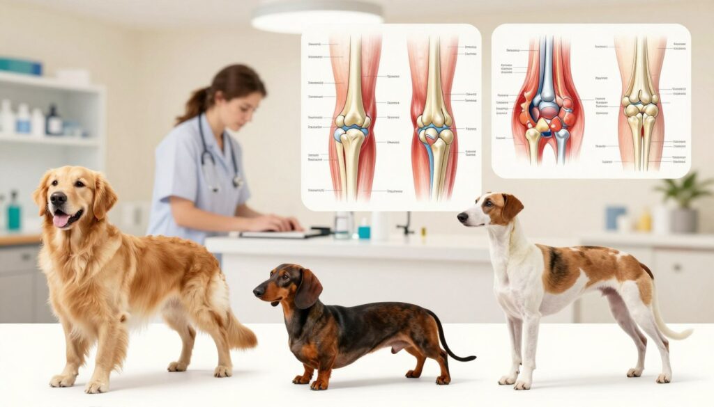 A detailed anatomical illustration showcasing the influence of dog breeds on musculoskeletal health. In the foreground, depict various dog breeds like a Golden Retriever, a Dachshund, and a Greyhound, each positioned to highlight their unique joint structures and muscular builds. The middle ground should feature anatomy diagrams, including labeled joints and skeletal structures, emphasizing common joint issues in these breeds. In the background, use a soft-focus veterinary clinic setting with warm lighting to convey a caring atmosphere, enhancing the theme of health and wellness. The overall mood should be informative yet inviting, with a focus on education regarding canine anatomy and joint health.