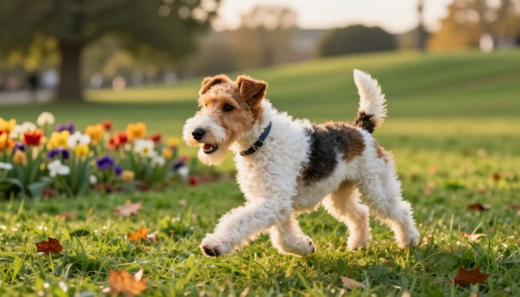 A detailed and realistic representation of a Wire Fox Terrier (foksterier szorstkowłosy) in a lush green park during golden hour, capturing the warm, soft lighting that enhances the dog's lively fur texture. The foreground features the dog playfully running, its wiry coat gleaming in shades of white and tan. In the middle ground, there are vibrant flowers and a few scattered autumn leaves, indicating a seasonal shift. The background showcases soft-focus trees and gently rolling hills, adding depth to the scene. The image conveys a sense of joy and vitality, highlighting the breed's energetic nature. The photograph is shot with a shallow depth of field to emphasize the dog while subtly blurring the backdrop, creating a warm and inviting atmosphere.
