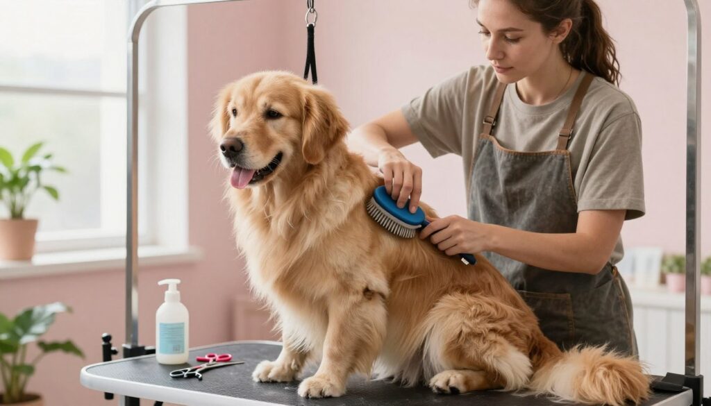 A detailed grooming scene featuring a professional dog groomer, a woman in modest casual clothing, gently brushing a long-haired dog. The foreground displays the groomer with focused expression, delicately working on the dog's luxurious coat with a high-quality grooming brush. The dog, a well-groomed golden retriever, is comfortably seated on a grooming table, showcasing its flowing fur. In the middle, additional grooming tools are neatly organized, including scissors and shampoo bottles. The background features a softly lit, inviting grooming studio with pastel-colored walls, natural light filtering through a window, and a few botanical plants for a serene atmosphere. The overall mood is calm and nurturing, emphasizing the importance of proper grooming techniques for dogs with hair.