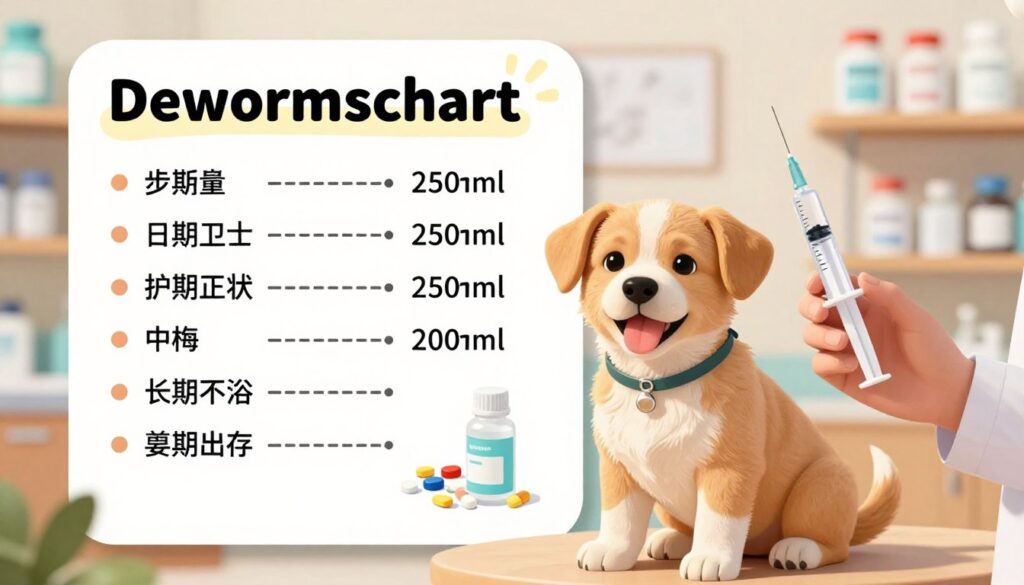 A detailed illustration of a puppy deworming chart concept. In the foreground, feature a cute, healthy puppy with a happy expression, sitting next to a veterinarian's hand holding a syringe filled with deworming medication. In the middle ground, display a stylized chart outlining deworming schedules, with bullet points for frequency and dosage, alongside images of common deworming medications like tablets and suspensions. The background should be softly blurred, depicting a veterinary clinic with shelves of pet care products and a warm, inviting atmosphere. The lighting is bright and cheerful, giving a sense of hope and well-being. The overall mood is informative yet friendly, suitable for pet owners seeking to care for their pets effectively.