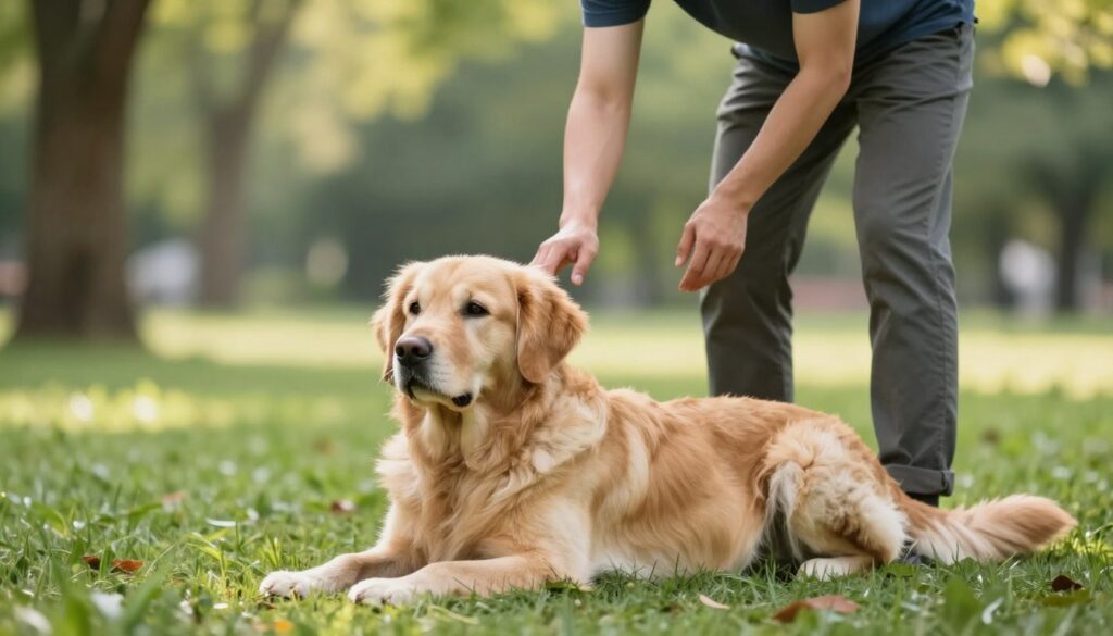 A focused dog lying down in a serene park setting, showcasing its training in the "down" position. The foreground includes the dog, a medium-sized breed like a Golden Retriever, with a calm expression, ears perked forward. In the middle-ground, a trainer, dressed in modest casual clothing, is positioned nearby, showcasing proper handling techniques, using gentle cues. The background features a lush green landscape, with trees and soft dappled sunlight filtering through the leaves, creating a warm, inviting atmosphere. The photo is captured with a soft focus on the dog, emphasizing its posture and the trainer's supportive demeanor. The lighting is natural, enhancing the connection between the dog and its environment, conveying a sense of tranquility and professionalism in dog training.