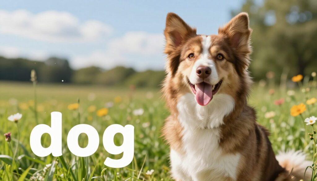 A friendly and playful dog sitting on a grassy field, with its tongue out and a joyful expression. In the foreground, the dog is featured prominently, showcasing its fluffy coat with a mix of browns and whites, bright eyes, and perked ears that convey excitement. The middle ground features vibrant green grass and a few colorful wildflowers, enhancing the cheerful atmosphere. In the background, a soft blue sky with scattered white clouds provides a calming backdrop, complementing the scene. Soft sunlight filters through the trees, casting warm highlights on the dog’s fur, creating a wholesome and inviting mood. The image captures the essence of the word "dog" in English, illustrating a gentle yet lively canine companion in a natural setting. A friendly and playful dog sitting on a grassy field, with its tongue out and a joyful expression. In the foreground, the dog is featured prominently, showcasing its fluffy coat with a mix of browns and whites, bright eyes, and perked ears that convey excitement. The middle ground features vibrant green grass and a few colorful wildflowers, enhancing the cheerful atmosphere. In the background, a soft blue sky with scattered white clouds provides a calming backdrop, complementing the scene. Soft sunlight filters through the trees, casting warm highlights on the dog’s fur, creating a wholesome and inviting mood. The image captures the essence of the word "dog" in English, illustrating a gentle yet lively canine companion in a natural setting.