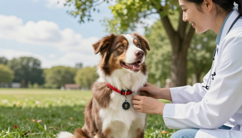 A healthy Australian Shepherd dog in a lush green park, sitting attentively while wearing a bright red collar and a vet check-up tag. In the foreground, a human veterinarian, dressed in a white coat, is gently examining the dog, smiling reassuringly. The background features a sunny day with scattered fluffy clouds, and a few trees providing shade. Soft, dappled sunlight filters through the leaves, creating a warm and inviting atmosphere. The focus should capture the bond between the dog and the veterinarian, emphasizing the importance of preventive healthcare and safety measures for pets. The angle is slightly above eye level, showcasing both the dog's expressive face and the caring demeanor of the veterinarian.