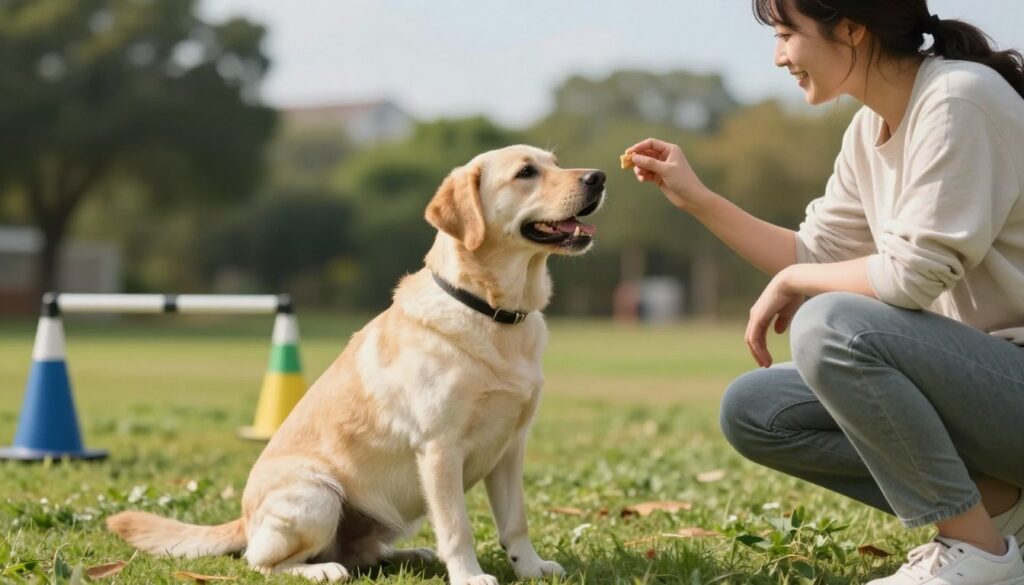 A heartwarming scene of a dog receiving positive reinforcement during training. In the foreground, a cheerful medium-sized dog, such as a Labrador, sits attentively, looking at a person holding a tasty treat. The person, dressed casually in comfortable clothing, is crouched down and smiling encouragingly at the dog, creating a bond of trust. In the middle ground, a serene training environment features gentle green grass and a few training obstacles like cones, suggesting a calm outdoor space. In the background, soft blurred trees and a bright blue sky evoke a peaceful atmosphere. The lighting is warm and natural, creating an inviting mood, focusing on the connection between the trainer and the dog, illustrating the positive reinforcement in action.