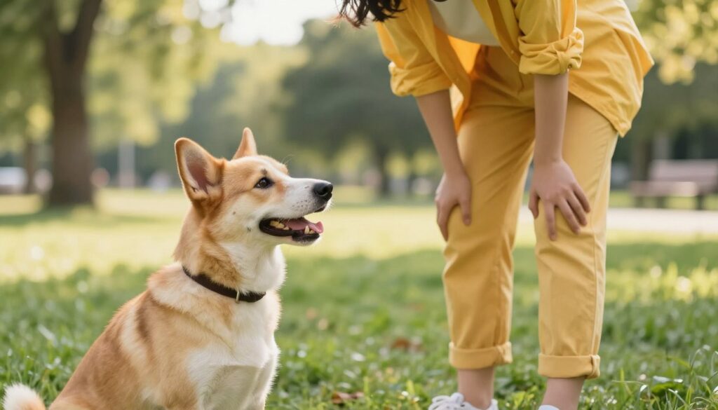 A joyful dog sitting attentively in a grassy park, ears perked up, showcasing its responsiveness to a person speaking to it. The foreground features the dog's expressive face, highlighting its curiosity and connection. In the middle, a person stands at an approachable angle, casually dressed in a bright, friendly outfit, bending slightly to maintain eye contact with the dog, exuding warmth and engagement. The background captures a sunny day with soft, diffused sunlight filtering through trees, creating a serene atmosphere. The overall mood is inviting and harmonious, emphasizing the deep bond between human and dog through the nuances of tone and energy in communication. A joyful dog sitting attentively in a grassy park, ears perked up, showcasing its responsiveness to a person speaking to it. The foreground features the dog's expressive face, highlighting its curiosity and connection. In the middle, a person stands at an approachable angle, casually dressed in a bright, friendly outfit, bending slightly to maintain eye contact with the dog, exuding warmth and engagement. The background captures a sunny day with soft, diffused sunlight filtering through trees, creating a serene atmosphere. The overall mood is inviting and harmonious, emphasizing the deep bond between human and dog through the nuances of tone and energy in communication.