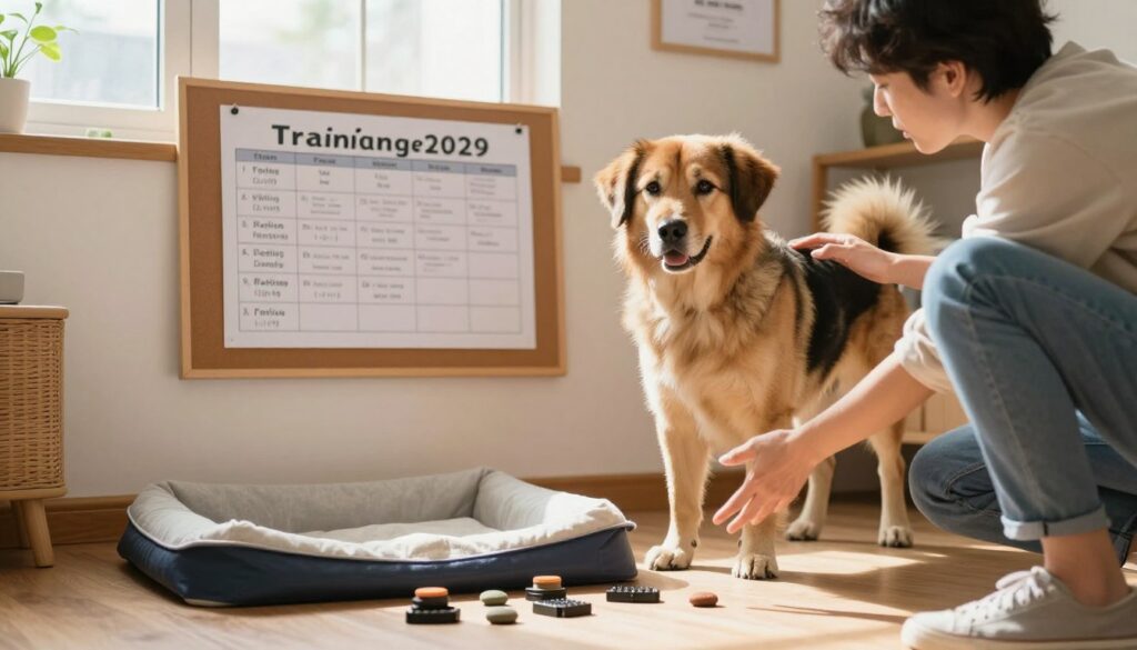 A large, friendly dog in a cozy indoor setting, looking confused as it stands beside a small pile of training pads scattered on the floor. In the foreground, a concerned owner, dressed casually, gestures towards the pads, demonstrating an instructional approach. The middle ground features a training schedule pinned on a corkboard, highlighting key routines and reminders. In the background, a sunny window creates a warm atmosphere, with soft light streaming in, illuminating the space. The overall mood is one of patience and learning, capturing the common mistakes made while training a dog to eliminate in designated areas. The scene emphasizes the importance of consistency and environment in housebreaking a pet.