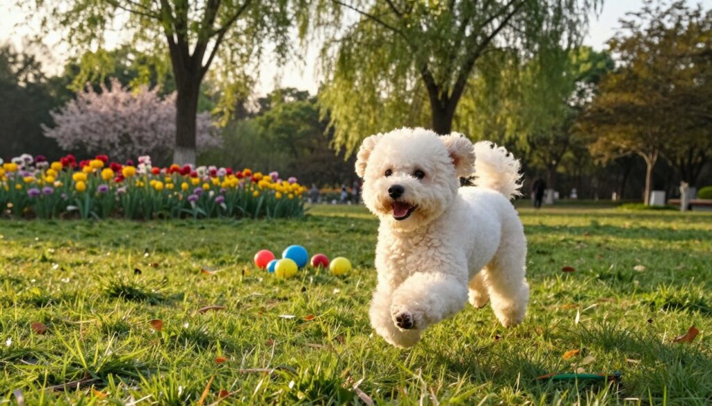 A lively maltipoo dog energetically playing in a lush green park, showcasing its playful nature. In the foreground, the maltipoo is mid-leap, its fluffy white fur glistening in the sunlight. The dog's expression is joyful and curious, capturing its active spirit. In the middle ground, a few colorful toys scattered about indicate an environment of physical engagement. The background features vibrant blooming flowers and tall trees swaying gently in a soft breeze, enhancing the tranquil yet active atmosphere. The scene is illuminated by warm, golden hour lighting, creating a cheerful and inviting mood. The angle is slightly downward, focusing on the dog’s joyful antics while maintaining a natural outdoor setting.