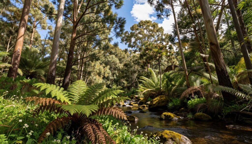 A lush, serene natural environment showcasing a dense forest filled with diverse species of trees, including eucalyptus and hardwoods, under a bright, dappled sunlight filtering through the leaves. In the foreground, a small cluster of vibrant green ferns and delicate wildflowers adds texture. The middle ground reveals a gentle stream flowing through the trees, reflecting the sunlight and surrounded by soft moss-covered rocks. In the background, tall trees stretch upward towards a clear blue sky dotted with fluffy white clouds, creating a sense of openness and tranquility. The overall mood is peaceful and vibrant, embodying the natural habitat of the lotopałanka. Capture the scene from a low angle, emphasizing the height of the trees and the intricate details of the foliage. Use warm, natural lighting to enhance the colors and bring out the richness of the forest.