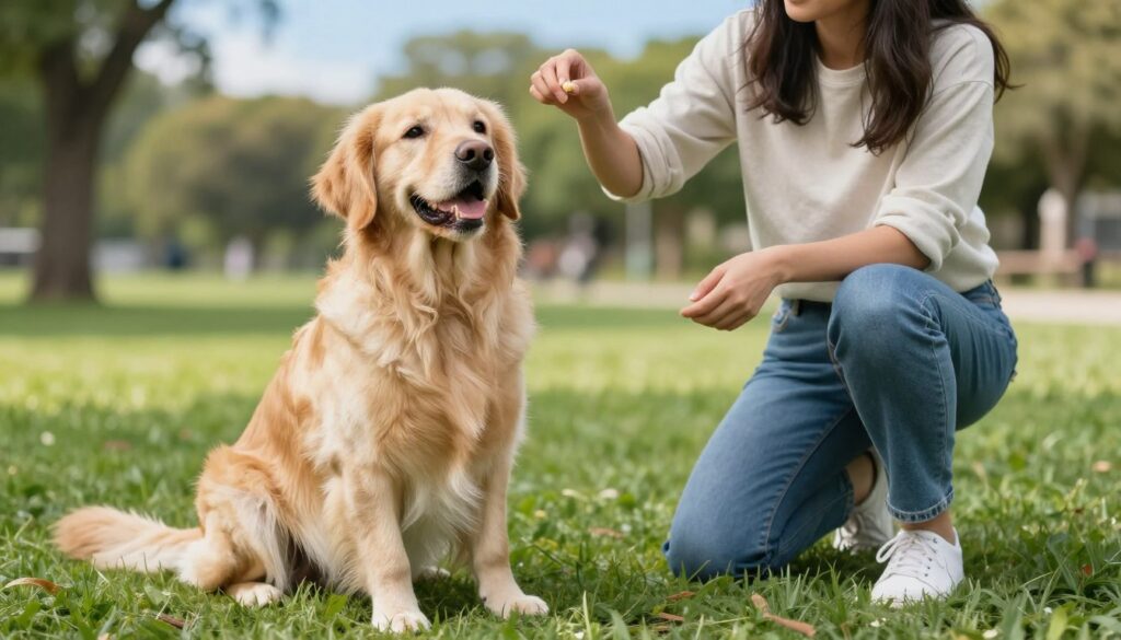 A mature dog, sitting attentively on a lush green lawn, with its owner gently encouraging it to follow commands. The foreground features the dog, a golden retriever, with a focus on its expressive eyes and open posture, symbolizing eager learning. The middle ground shows the owner, a woman in comfortable casual clothing, kneeling beside the dog, holding a small treat while utilizing positive reinforcement. In the background, a sunny park setting with soft lighting, showcasing trees and a clear blue sky, enhances the uplifting atmosphere of training and companionship. The composition conveys a sense of patience and trust, emphasizing the unique challenges and joys of teaching an adult dog. The image captures the essence of adult dog training, focusing on effective communication and bonding.