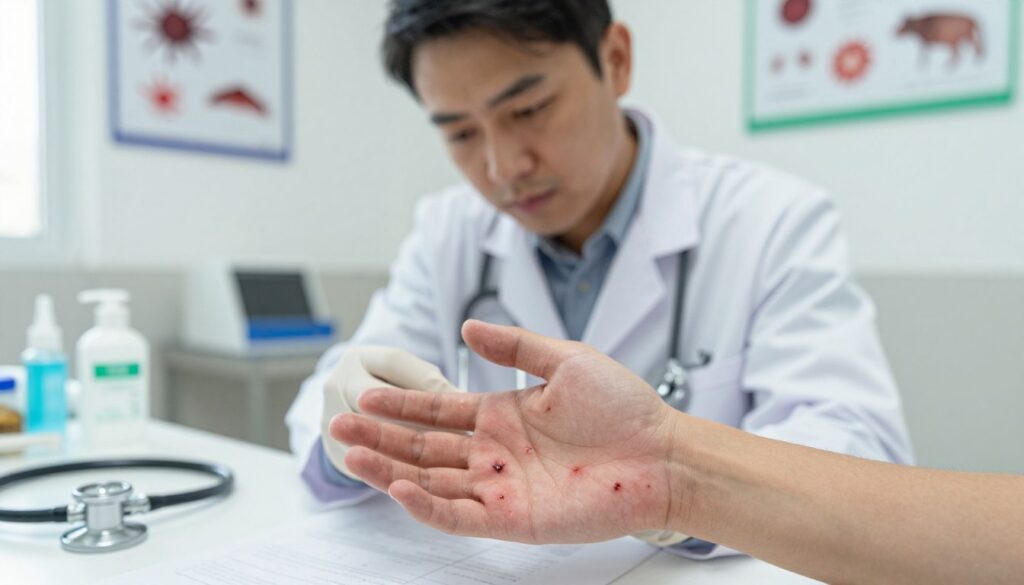 A medical professional in a clean, well-lit examination room, attentively examining a patient's hand with visible bite marks from an animal. The foreground features a close-up of the hand, showing redness and minor swelling around the bites. In the middle, the doctor is wearing a white lab coat and gloves, focused on assessing the injury with a serious expression. The background includes medical equipment like a stethoscope, antiseptic solutions, and educational posters about rabies and animal bites. Soft, natural lighting illuminates the room, creating a calm and professional atmosphere. The image conveys a sense of urgency and care, highlighting the importance of medical attention after an animal bite.