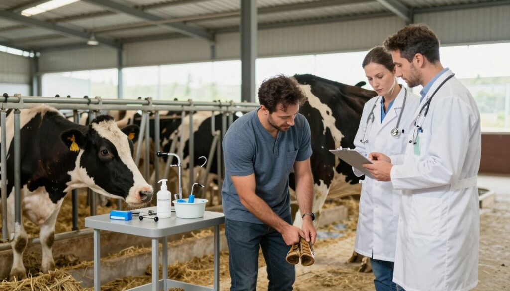 A modern veterinary setting showcasing the preventative care of a dairy cow. In the foreground, a farmer in professional attire gently examines the cow, checking its hooves and overall health. The middle ground features veterinary tools and equipment, emphasizing the importance of veterinary prophylaxis, while a veterinarian is seen consulting with the farmer, discussing treatment plans. The background includes a clean and well-maintained barn with natural light streaming through windows, illuminating the scene. The atmosphere is calm and reassuring, symbolizing the commitment to animal well-being. Capture the scene with a warm color palette and a slightly elevated angle to create an engaging and informative visual.