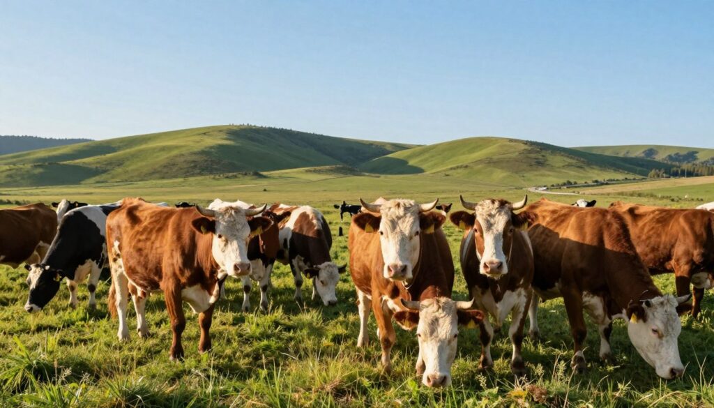 A pastoral scene depicting two distinct groups of cattle: on one side, a serene herd of beef cattle, robust and healthy, grazing in a lush green meadow under a bright blue sky, with rolling hills in the background. The foreground should showcase a few close-up details of the beef cattle, emphasizing their muscular bodies and strong builds, reflecting their longer lifespan. In contrast, the middle ground should display a separate area with dairy cattle, appearing slightly less robust, illustrating the differences in their environments and care. The lighting should be warm and inviting, suggesting a peaceful afternoon. Capture the scene from a slightly elevated angle to provide a comprehensive view of both herds, evoking a sense of tranquility and highlighting the unique characteristics that influence longevity in livestock.