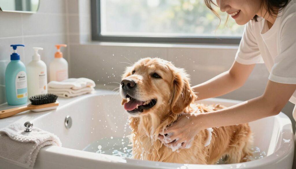 A peaceful and cozy scene featuring a happy dog being bathed in a bright, modern bathroom. In the foreground, the dog, a fluffy golden retriever, is playfully splashing water while a caring owner gently lathers dog shampoo into its fur. The middle section shows a well-organized countertop with various dog grooming supplies, such as brushes and towels. The background reveals a large window letting soft sunlight in, creating a warm and inviting atmosphere. The lighting should feel soft and natural, with reflections of water droplets catching the sunlight, enhancing the joyful mood of the scene. The overall composition should focus on the bond between the owner and the pet, reflecting a sense of care and fun.