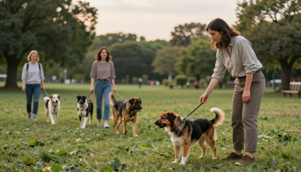 A peaceful outdoor scene showcasing a dog training session, focusing on a handler and their dog working at a safe distance from other dogs. In the foreground, a professional dog trainer in casual but neat attire is giving commands, calmly focusing on their attentive dog that displays a relaxed posture. In the middle, several leashed dogs of different breeds are walking peacefully alongside their owners, illustrating various distances. The background features a lush green park setting with trees, soft grass, and a serene sky, suggesting a calm atmosphere. The lighting is soft and natural, creating a warm, inviting environment. The angle captures the interaction between dogs and trainers while emphasizing the importance of distance in the training process.