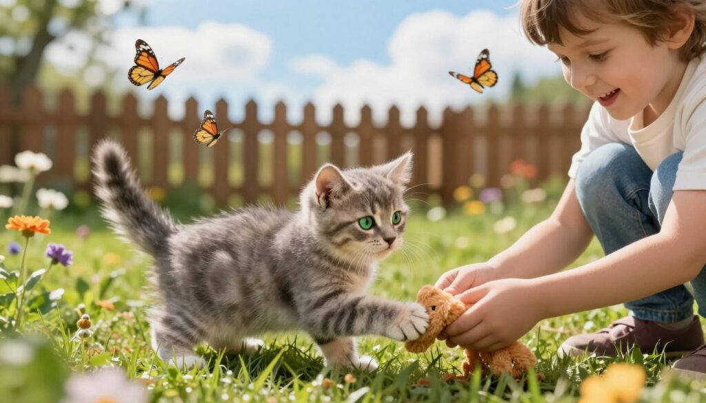 A playful outdoor scene featuring a young European cat being socialized surrounded by a nurturing environment. In the foreground, a fluffy gray kitten with bright green eyes playfully interacts with a cheerful child wearing casual clothes, gently offering a soft toy. The middle ground shows lush grass and a few colorful flowers, with a couple of butterflies fluttering around, enhancing the playful mood. In the background, a cozy wooden fence and a few trees can be seen under a bright blue sky with fluffy white clouds. The lighting is warm and inviting, conveying a sense of joy and connection. The composition emphasizes the importance of socialization, showcasing a harmonious bond between the kitten and the child.