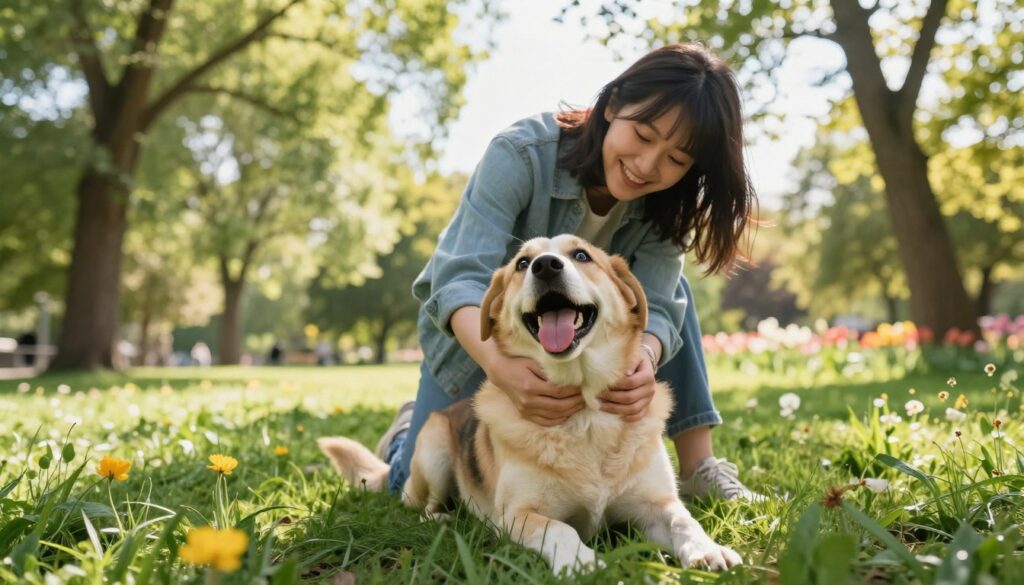 A playful scene of a person gently tickling a medium-sized dog in a sunlit park, surrounded by vibrant green grass and blooming flowers. The foreground features the joyful expression of the dog, with its tongue out and eyes sparkling, as it reacts to the tickling. In the middle ground, the person, dressed in casual attire, is smiling and leaning down, fostering a sense of connection and joy between them and the dog. The background showcases tall trees swaying lightly in the breeze, with soft sunlight filtering through the leaves, creating a warm and inviting atmosphere. The shot is taken from a low angle, highlighting the bond between the person and the dog, emphasizing the playful and affectionate mood of the moment.