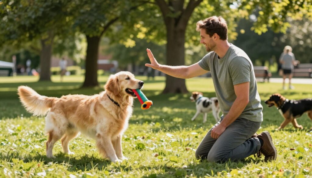 A professional dog trainer, dressed in modest casual clothing, is demonstrating techniques for retrieving objects in a sunny park setting. In the foreground, a golden retriever eagerly holds a colorful fetch toy in its mouth, poised to return it to the trainer. The trainer is kneeling, extending a hand towards the dog, showcasing the hand signal used for the recall command. In the middle ground, several trees provide a green backdrop, and other dogs play nearby, adding to the lively atmosphere. Bright, natural lighting illuminates the scene, casting soft shadows on the grass. Capture the moment from a low angle to emphasize the interaction between the trainer and the dog, conveying a sense of joy and accomplishment in the learning process.