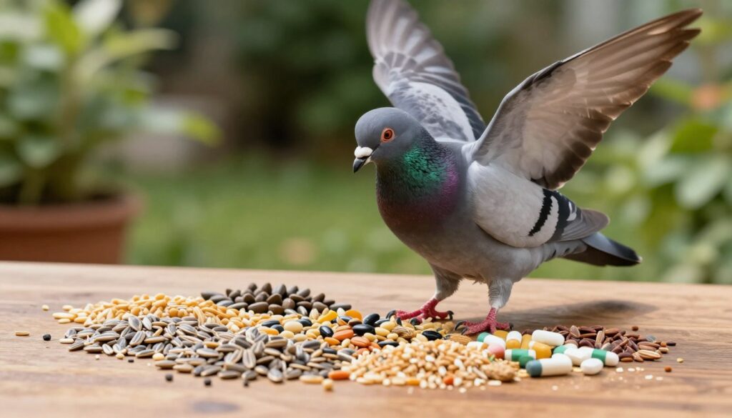 A scene depicting a vibrant and diverse assortment of pigeon feed, foreground featuring various seeds, grains, and nutritional supplements arranged artfully on a smooth wooden surface. In the middle, a healthy racing pigeon pecks eagerly at the feed, showcasing its glossy feathers and alert demeanor, symbolizing vitality and fitness. Soft natural lighting streams in from the side, highlighting the textures of the seeds and the sheen of the pigeon’s plumage. The background consists of a serene garden setting with green foliage, implying the importance of a balanced diet in maintaining the bird's flight form. A shallow depth of field blurs the background, focusing attention on the feeding action. The atmosphere is lively yet calm, capturing the essence of proper nutrition for strong, agile racing pigeons.