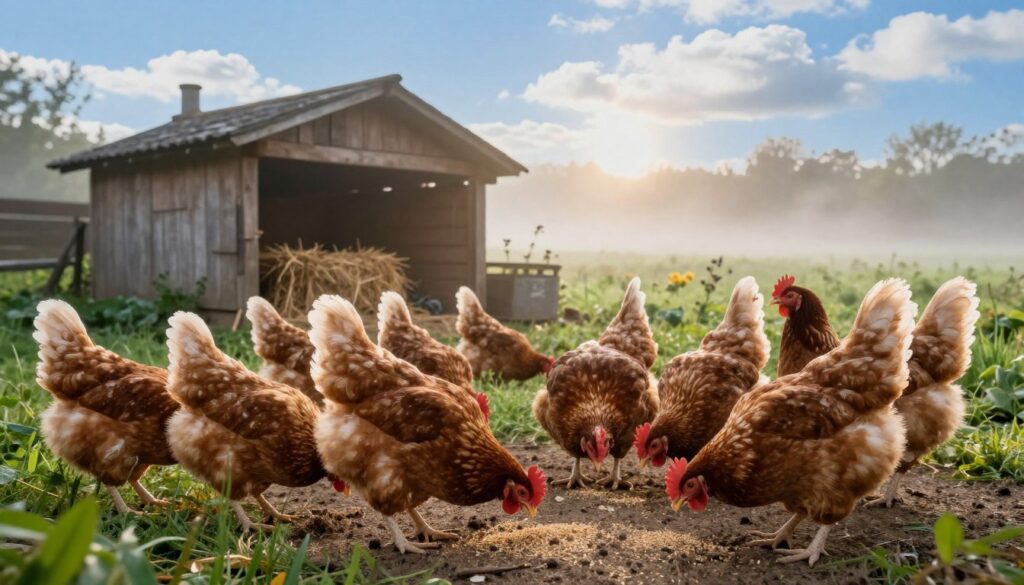 A serene farmyard scene featuring a flock of "kury nioski" hens, known for their productivity and gentle demeanor. In the foreground, a few hens pecking at grains on a dirt patch, displaying their rich brown and white plumage, with soft sunlight filtering through the morning mist. In the middle ground, a rustic wooden coop adorned with hay bales, surrounded by lush green grass and some flowering plants. The background showcases a clear blue sky with fluffy clouds, enhancing the peaceful atmosphere. The lighting should be warm and inviting, emphasizing the hens' healthy appearance and the tranquil environment. Capture this scene from a slightly elevated angle to provide a comprehensive view of the hens and their habitat.