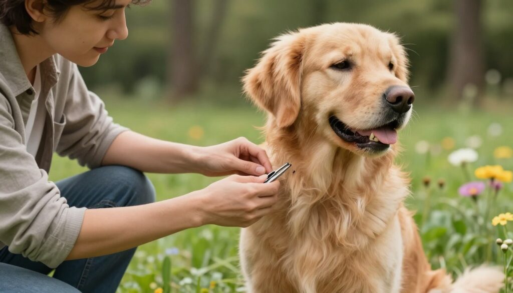 A serene outdoor setting depicting a responsible dog owner gently removing a tick from their dog's fur using tweezers. In the foreground, the owner, wearing casual clothing, displays a calm and focused expression while carefully positioning the tweezers near the dog's skin. The dog, a friendly golden retriever, looks relaxed and trusting, sitting calmly. In the middle ground, soft green grass contrasts with the dog's golden coat, and a few flowers add a pop of color. In the background, a blurred forest scene suggests a peaceful natural environment. Soft, warm lighting creates a comforting atmosphere, emphasizing the importance of safety and care in pet health. The image captures the essence of careful, humane handling of the situation.
