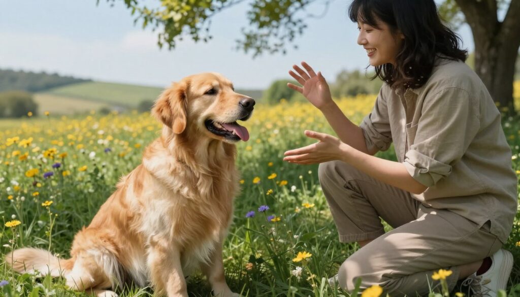 A serene outdoor setting showcasing a golden retriever and a person sitting together on a grassy field. The foreground features the dog with its tongue out, joyfully engaged with the person, who is kneeling to communicate with gentle hand gestures and a warm smile. In the middle ground, vibrant wildflowers add color, while soft dappled sunlight filters through nearby trees, creating a warm, inviting atmosphere. The background includes a tranquil landscape with rolling hills and a clear blue sky, enhancing the sense of peace. The scene conveys a deep connection and understanding between human and dog, illustrating the nuances of canine communication through tone and gestures. The lighting is soft and natural, capturing an emotional, harmonious moment of interaction. A serene outdoor setting showcasing a golden retriever and a person sitting together on a grassy field. The foreground features the dog with its tongue out, joyfully engaged with the person, who is kneeling to communicate with gentle hand gestures and a warm smile. In the middle ground, vibrant wildflowers add color, while soft dappled sunlight filters through nearby trees, creating a warm, inviting atmosphere. The background includes a tranquil landscape with rolling hills and a clear blue sky, enhancing the sense of peace. The scene conveys a deep connection and understanding between human and dog, illustrating the nuances of canine communication through tone and gestures. The lighting is soft and natural, capturing an emotional, harmonious moment of interaction.