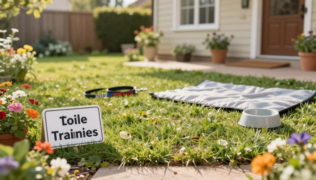 A serene outdoor space prepared for a dog, showcasing an area designated for toilet training. In the foreground, a small grassy patch with a clean, attractive sign indicating the designated spot surrounded by colorful flowers. The middle ground features dog training accessories such as a leash, a comfy mat, and a water bowl, all neatly arranged. In the background, a soft-focus image of a cozy home and serene garden creates a welcoming atmosphere. Natural sunlight bathes the scene, creating a warm and inviting mood. The angle is slightly elevated, providing a clear view of the entire space, emphasizing cleanliness and organization, perfect for teaching a dog to relieve itself in the right area.