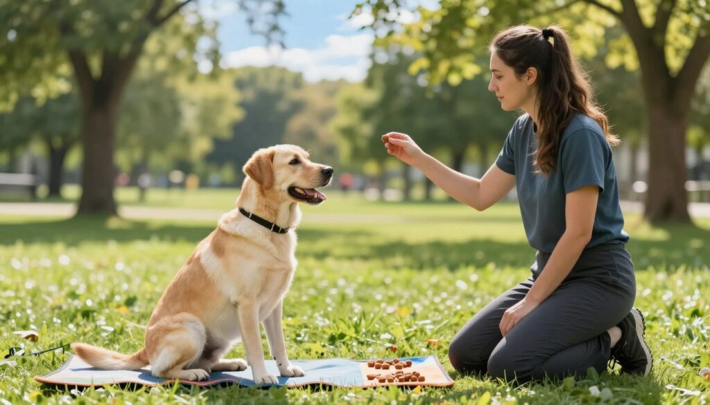 A serene outdoor training session featuring a dog and a dedicated trainer preparing for a command exercise. In the foreground, a friendly medium-sized dog, like a Labrador, sits attentively, ears perked up, surrounded by assorted treats on a colorful mat. The trainer, dressed in casual activewear, kneels beside the dog, holding a treat in one hand, displaying encouragement and focus. In the middle ground, a lush green park with soft grass and a few trees can be seen under a bright blue sky, creating an inviting atmosphere for training. Sunlight filters through the leaves, casting gentle shadows. The overall mood is positive and motivational, highlighting the bond between the trainer and the dog, emphasizing patience and preparation for effective training.