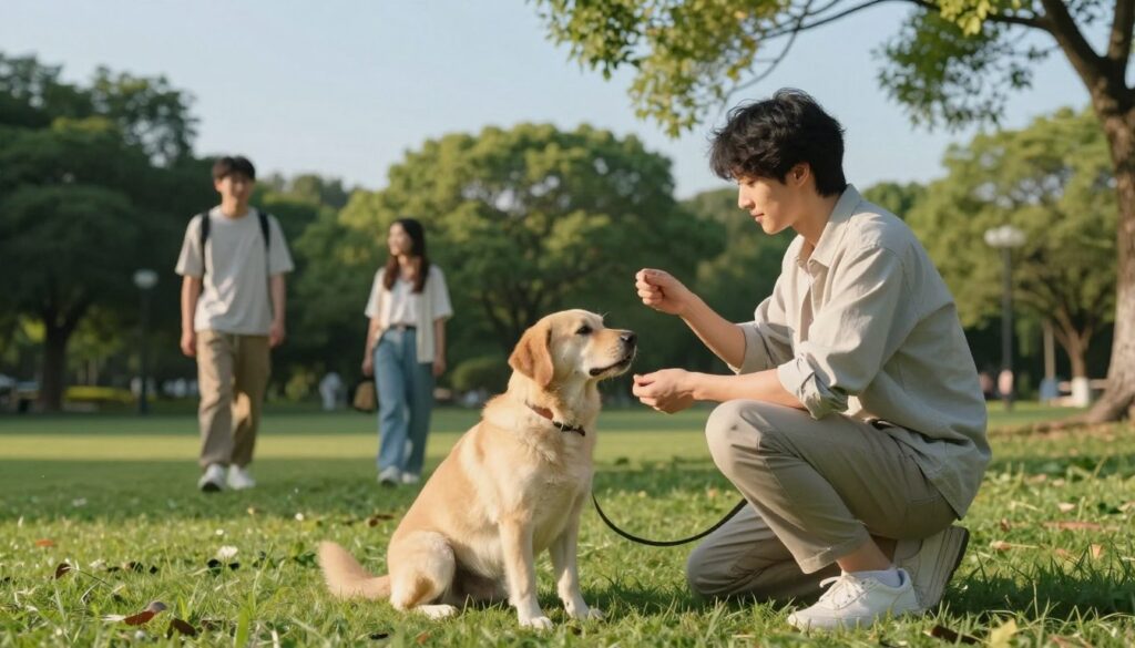 A serene park setting during a sunny afternoon, showcasing a well-trained dog and a person practicing the BAT (Behavior Adjustment Training) method. In the foreground, a calm dog, with a focused expression, is sitting beside its owner, who is dressed in casual yet neat clothing. The owner uses gentle body language, demonstrating positive reinforcement with treats. In the middle ground, a few curious people walk by, maintaining a safe distance, while the owner rewards the dog for its calm demeanor. The background features lush, green trees and a clear blue sky, creating a peaceful atmosphere. Warm, soft lighting enhances the inviting scene, evoking a sense of tranquility and effective training in progress.