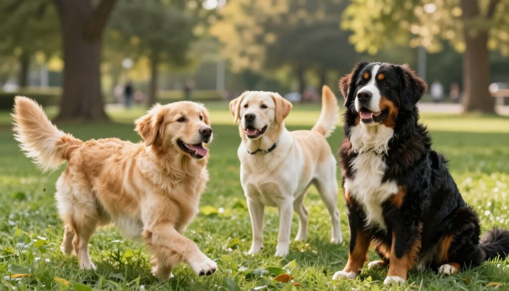 A serene park setting with large, fluffy dogs showcasing their coat of hair, actively playing together. In the foreground, a golden retriever with a luscious coat bounds joyfully, while a Bernese mountain dog sits calmly, its thick fur glistening in the soft sunlight. The middle ground features a playful Labrador, its sleek, well-groomed hair showing a contrast to the surrounding lush green grass. In the background, tall trees provide dappled sunlight, illuminating the scene with a warm, inviting glow. The image captures an atmosphere of energy and happiness, emphasizing the bond between the dogs. The soft focus enhances the vibrant colors, showcasing the beauty of these large dogs and their unique hair, inviting viewers into this joyful moment.