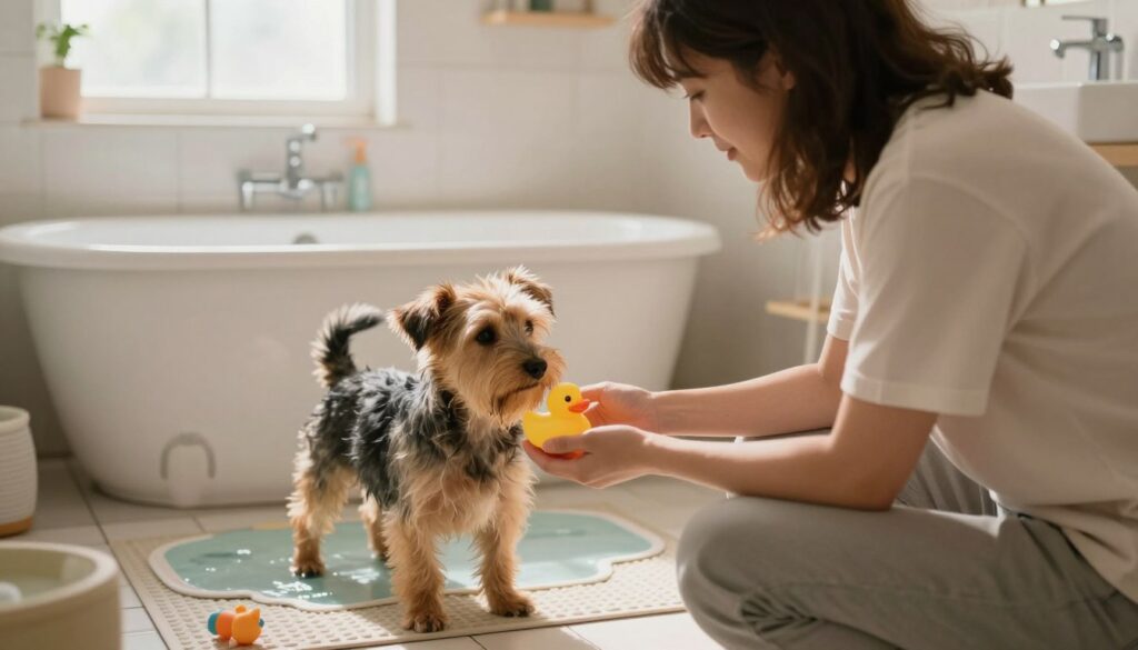 A serene scene captures a gentle moment between a small, anxious dog and its caring owner in a cozy bathroom setting, designed to ease the dog's fear of water. In the foreground, the owner, dressed in casual but neat clothing, kneels beside the dog, offering a rubber duck for comfort. The dog, a fluffy terrier mix, looks uncertain yet intrigued. The middle ground features a softly lit bathtub filled with a little water, surrounded by non-slip mats and toys to create a safe environment. In the background, warm light filters through a frosted window, casting a calming glow. The overall atmosphere is one of reassurance and safety, promoting a stress-free bathing experience.