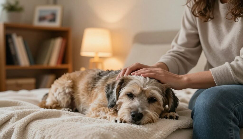 A serene scene depicting a small, elderly dog resting comfortably on a soft, warm blanket in a cozy living room. The dog's fur is slightly grayed, symbolizing its age, with a peaceful expression on its face. In the foreground, a caring pet owner, dressed in modest casual clothing, gently strokes the dog's head, showing compassion and love. In the middle, a softly lit lamp provides a warm glow, enhancing the intimate atmosphere. In the background, a bookshelf filled with books and framed photos adds a homey touch. The lighting is soft and warm, creating a tranquil mood that emphasizes the importance of palliative care in a familiar setting. The overall composition captures love, comfort, and the tender bond between the pet and owner.