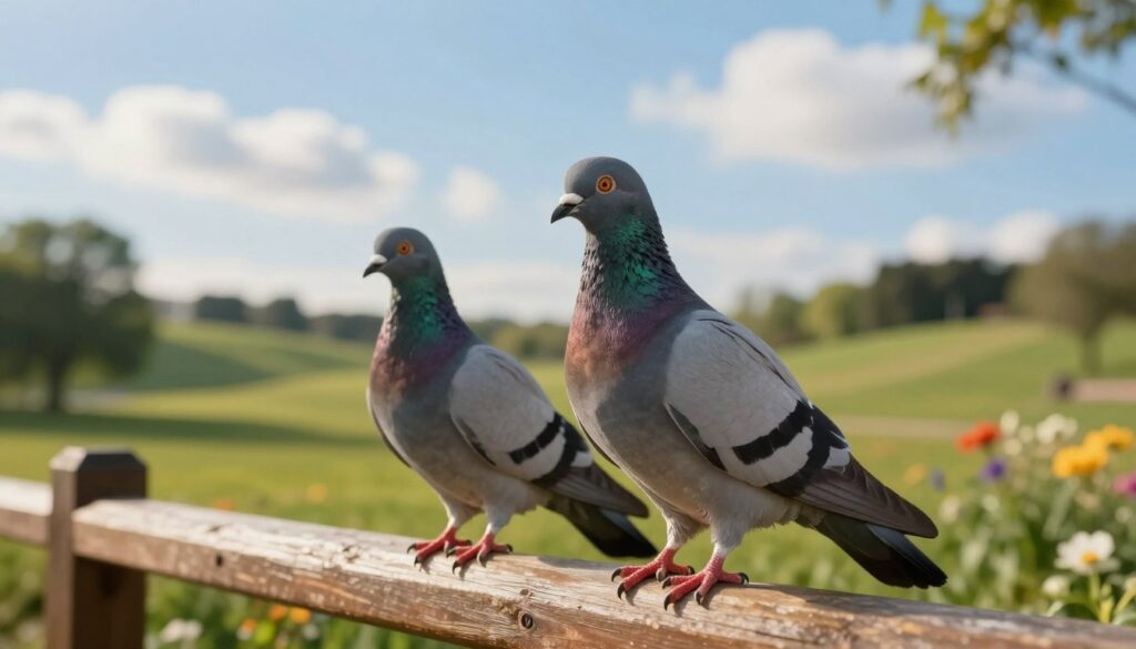 A serene scene showcasing the mental state of homing pigeons in a natural, tranquil environment. In the foreground, a pair of pigeons perched on a rustic wooden railing, their feathers slightly ruffled, eyes alert and expressive, reflecting a sense of calm yet readiness. In the middle ground, a lush green park with flowers and gentle rolling hills, providing a vibrant backdrop that suggests a healthy habitat. The background features a clear blue sky with soft, fluffy clouds, giving a sense of freedom and openness. Soft, golden sunlight bathes the scene, creating a warm and inviting atmosphere. The composition captures the beauty and fragility of the pigeons' mental well-being, inviting viewers to ponder their living conditions and psychological health.