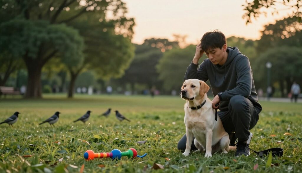 A serene training session in a tranquil park, featuring a frustrated dog owner, a medium-sized Labrador Retriever, sitting on the grass. The owner, dressed in casual athletic wear, looks pensively at the dog, which is playfully distracted by nearby birds. In the foreground, a colorful toy is scattered on the grass, representing the training tools. In the middle, the dog owner appears contemplative, scratching their head while holding a training leash loosely in their hand. The background includes lush, green trees under a soft, golden sunset glow, casting warm light that creates a calm and reflective atmosphere. The overall mood is one of contemplation and understanding, capturing the moment of realizing when to step back from training.