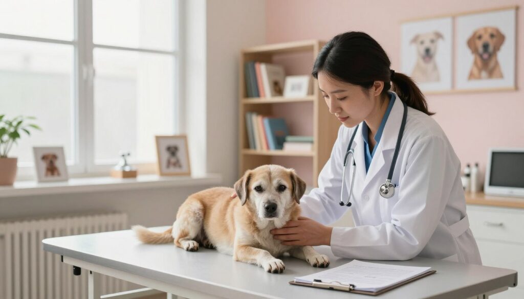 A serene veterinary clinic interior with soft, diffused natural lighting filtering through large windows. In the foreground, a compassionate veterinarian in a white lab coat gently examines a calm, elderly dog lying comfortably on an examination table, representing a considerate approach to euthanasia. On the table are various medical tools and a clipboard with a thoughtful checklist indicating medical conditions justifying euthanasia. In the middle ground, shelves lined with pet care books and calming images of happy pets create a respectful and informative atmosphere. In the background, soft pastel colors on the walls emphasize comfort and warmth, reflecting the importance of humane decisions in veterinary practice. The overall mood is compassionate and reflective, promoting understanding and care in difficult times.
