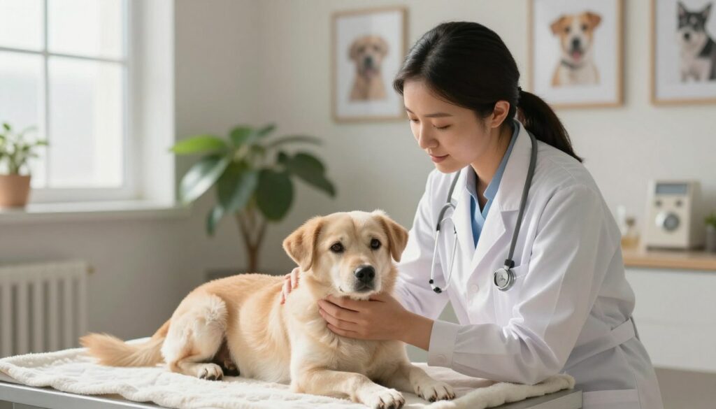 A serene veterinary clinic room setting, softly lit with warm, natural light filtering through a window, creating a peaceful atmosphere. In the foreground, a compassionate veterinarian, dressed in a professional white coat, gently cradles a calm dog, showcasing a bond of trust. The dog's eyes reflect comfort, lying on a soft blanket. In the middle ground, calming elements like a plant and framed pictures of happy pets add emotional depth. In the background, a cozy setting is accentuated with subdued colors, indicating a safe space for the procedure. The overall mood is one of tenderness and care, highlighting the humane aspect of making difficult decisions regarding a pet's end-of-life care. The image should evoke empathy and understanding without any distressing elements.
