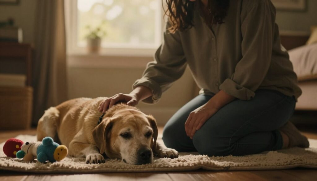A solemn farewell scene reflecting the emotional gravity of saying goodbye to a beloved dog. In the foreground, a person kneels beside a gentle, elderly dog resting peacefully on a soft blanket, surrounded by a few heartfelt mementos like a collar and favorite toys. The middle ground features a serene, dimly-lit room with soft, golden lighting casting a warm glow, creating a comforting atmosphere. In the background, a softly blurred window allows muted natural light to filter in, suggesting a tranquil outdoor setting. The subject's expression is tender and reflective, encapsulating the bond shared with the dog. The overall mood is one of loss, love, and gratitude, perfectly suited to the moment of farewell.