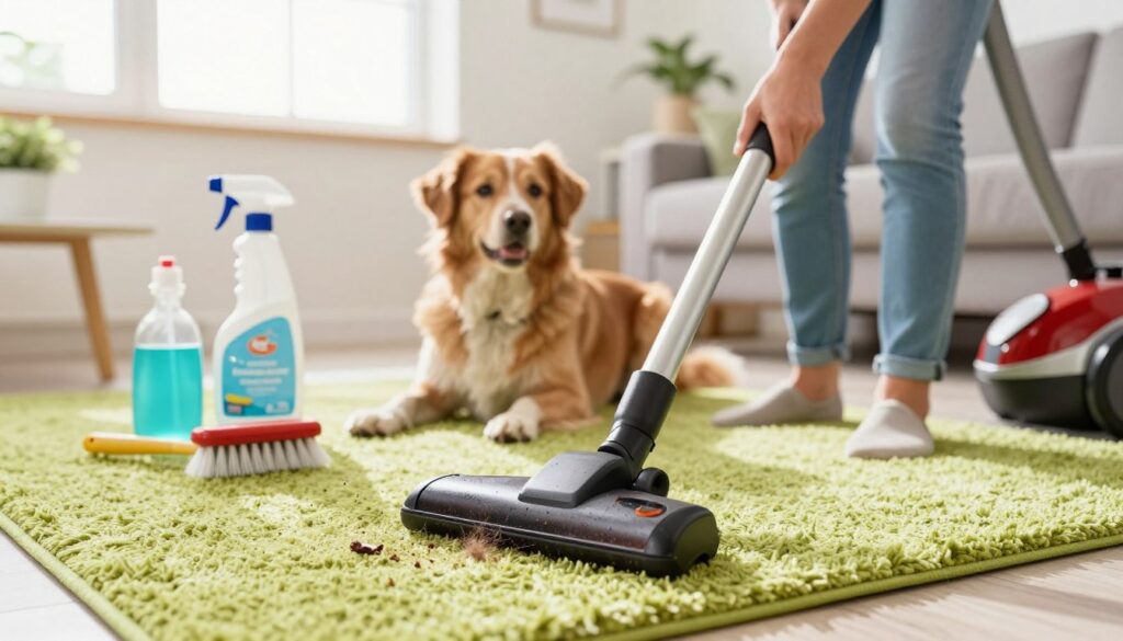 A thorough pet flea cleaning scene in a brightly lit living room, featuring a well-groomed dog lying on a clean, vibrant rug. In the foreground, a person wearing casual but neat clothing is meticulously vacuuming the floor, with the vacuum cleaner visibly removing debris and pet hair. In the middle ground, various cleaning supplies are neatly arranged on a nearby table, including a spray bottle labeled for disinfecting surfaces and a brush for pet grooming. The background reveals a window with sunlight streaming in, illuminating the space and giving it a fresh atmosphere. The overall mood is one of diligence and care, emphasizing the importance of a clean environment in flea prevention.
