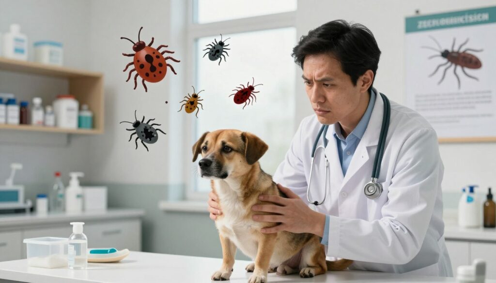 A veterinarian in a clean, well-lit clinic closely examines a dog with a concerned expression. The dog, a medium-sized breed, shows signs of discomfort. Nearby, visual representations of zoonotic threats like ticks, fleas, and microscopic parasites float in an illustrated style, emphasizing their potential danger to humans. In the background, shelves hold various medical supplies, and a poster about zoonotic diseases is visible, enhancing the educational atmosphere. Natural light streams through a window, creating a warm, informative ambiance. The focus is on the veterinarian’s professional attire and the dog's well-being, portraying a sense of care and urgency in addressing zoonotic risks to pet owners and families.