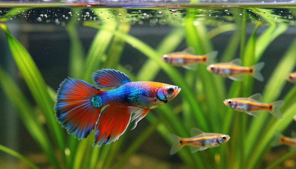 A vibrant aquarium scene depicting the reproductive process of guppies in a natural setting. In the foreground, a male guppy with bright, colorful fins is courting a female guppy, showcasing their vivid patterns and intricate details. Surrounding the fish are lush aquatic plants, with lush green leaves and delicate bubbles rising to the surface, creating a lively environment. In the middle ground, several guppy fry can be seen, illustrating the successful breeding cycle, their small size and subtle coloration adding to the composition. The background features soft-focus aquatic plants and gentle light filtering through the water, casting a serene ambiance. The lighting should be bright yet soft, capturing the vibrant colors of the guppies and plants, evoking a sense of life and growth in an aquatic ecosystem.