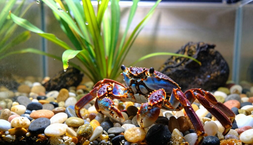 A vibrant, close-up image of a rainbow crab (Cardisoma armatum) in a well-designed terrarium. The foreground features the crab with its striking blue and orange shell, its claws raised slightly, showcasing its lively colors. In the middle ground, delicate aquatic plants and colorful pebbles create an inviting habitat, with moisture droplets glistening on the leaves. The background includes soft natural daylight streaming through a glass panel, casting gentle shadows and highlighting the textures of the terrarium's interior. The overall atmosphere is warm and inviting, evoking a sense of the crab's natural environment adapted for home living. The camera angle is slightly angled above, capturing both the crab's details and the terrarium's lush scenery.