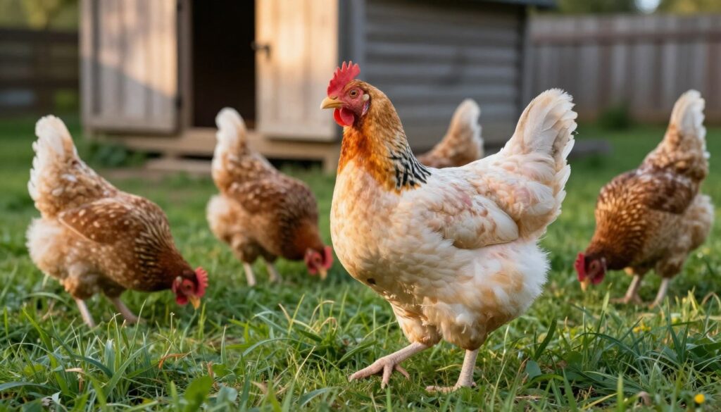 A vibrant free-range rosa hen, with soft pastel feathers and a friendly expression, strutting confidently across a lush green grass field. In the foreground, capture the hen in sharp focus, showcasing its unique coloration under warm, natural sunlight that illuminates the feathers. The middle ground should include several hen companions pecking curiously at the ground, adding a sense of community. In the background, a rustic wooden coop with light streaming through its open doors provides a tranquil atmosphere, hinting at a healthy, happy environment. The scene conveys a sense of well-being and vitality, emphasizing the life of the rosa hen in its natural habitat. The mood is peaceful and pastoral, evoking a sense of harmony within nature.