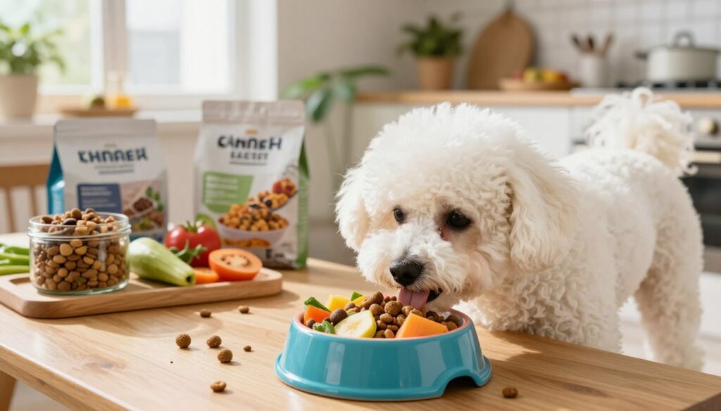 A vibrant scene featuring a Maltipoo dog enjoying a nutritious meal of balanced dog food in a sunny kitchen. In the foreground, the Maltipoo, with its fluffy white coat and playful expression, is happily eating from a colorful bowl filled with kibble, fruits, and vegetables. In the middle, there is a wooden table with more healthy dog food options, showcasing a variety of natural ingredients. In the background, soft natural light streams through a window, illuminating a cozy and inviting home environment with plants and pet accessories. The mood is warm and cheerful, conveying a sense of health and vitality, emphasizing the importance of a balanced diet for dogs.